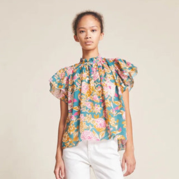 TROVATA BIRDS OF PARADISE WOMENS CARLA HIGHNECK SHIRT BLOUSE TEAL DAHLIA MEDIUM - Picture 1 of 7